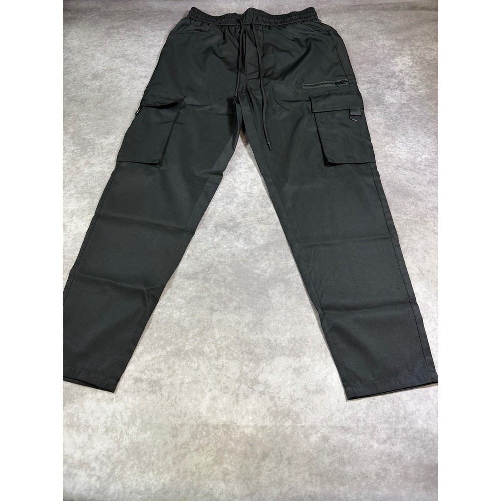 Unbranded Mens Cargo Pants Medium Black Elastic Waist Drawstring Utility Joggers